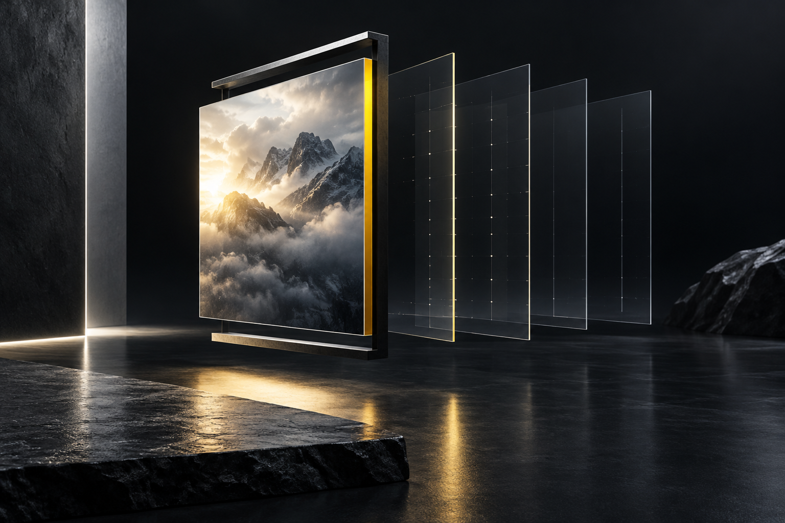 Floating illuminated panels and measurement planes in a charcoal setting with a golden-yellow accent.