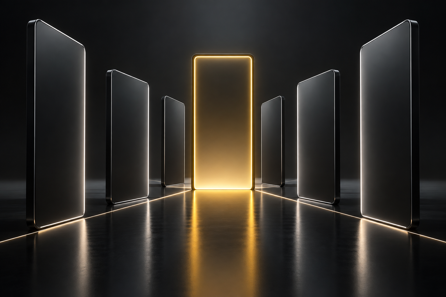 Dark vertical panels converge toward a central frame edged in golden-yellow light.