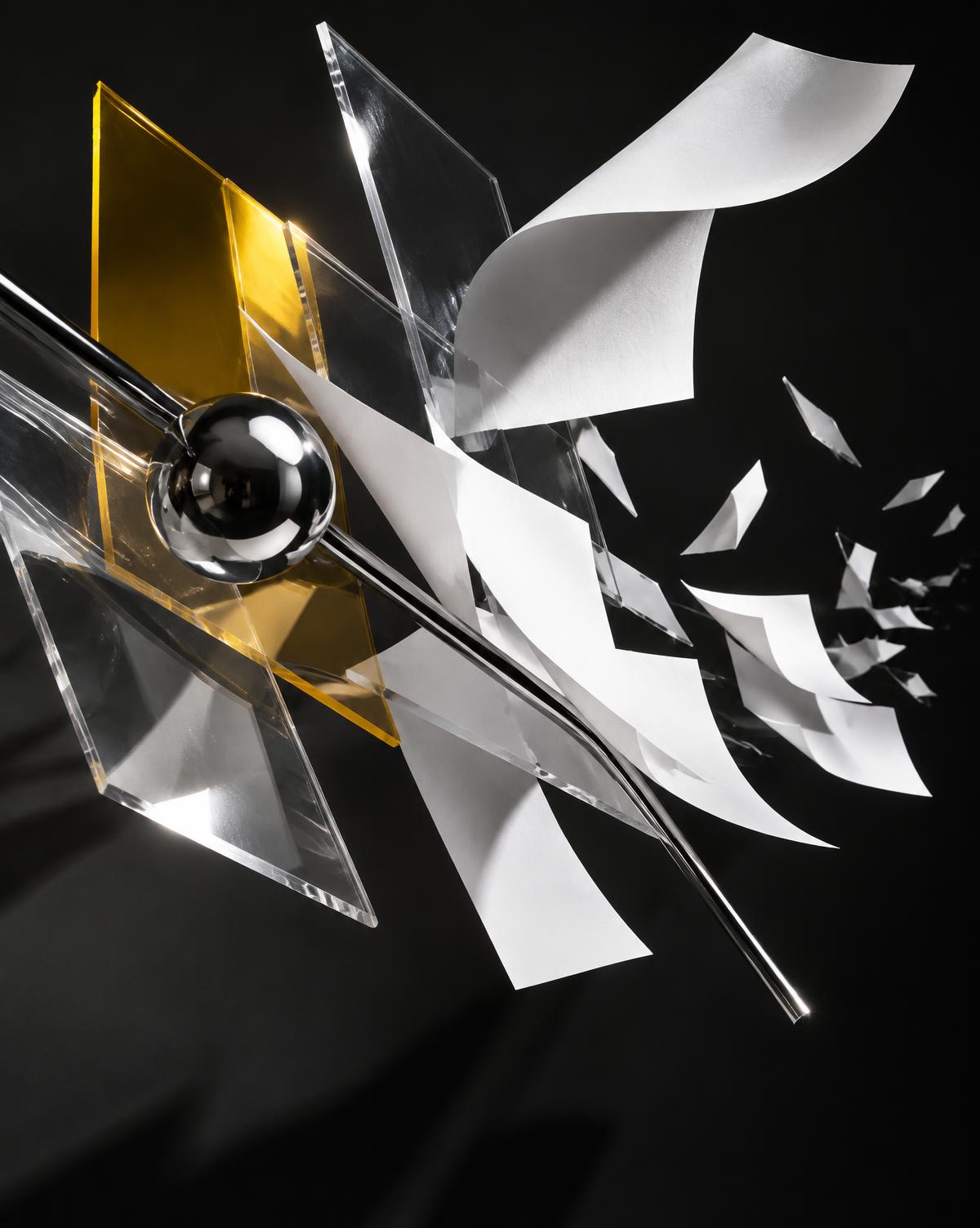 Creative materials moving through a focused composition